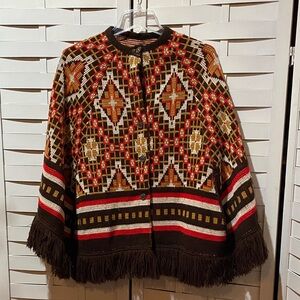 Vintage Colorful Geometric Patterned Cape Poncho Size M